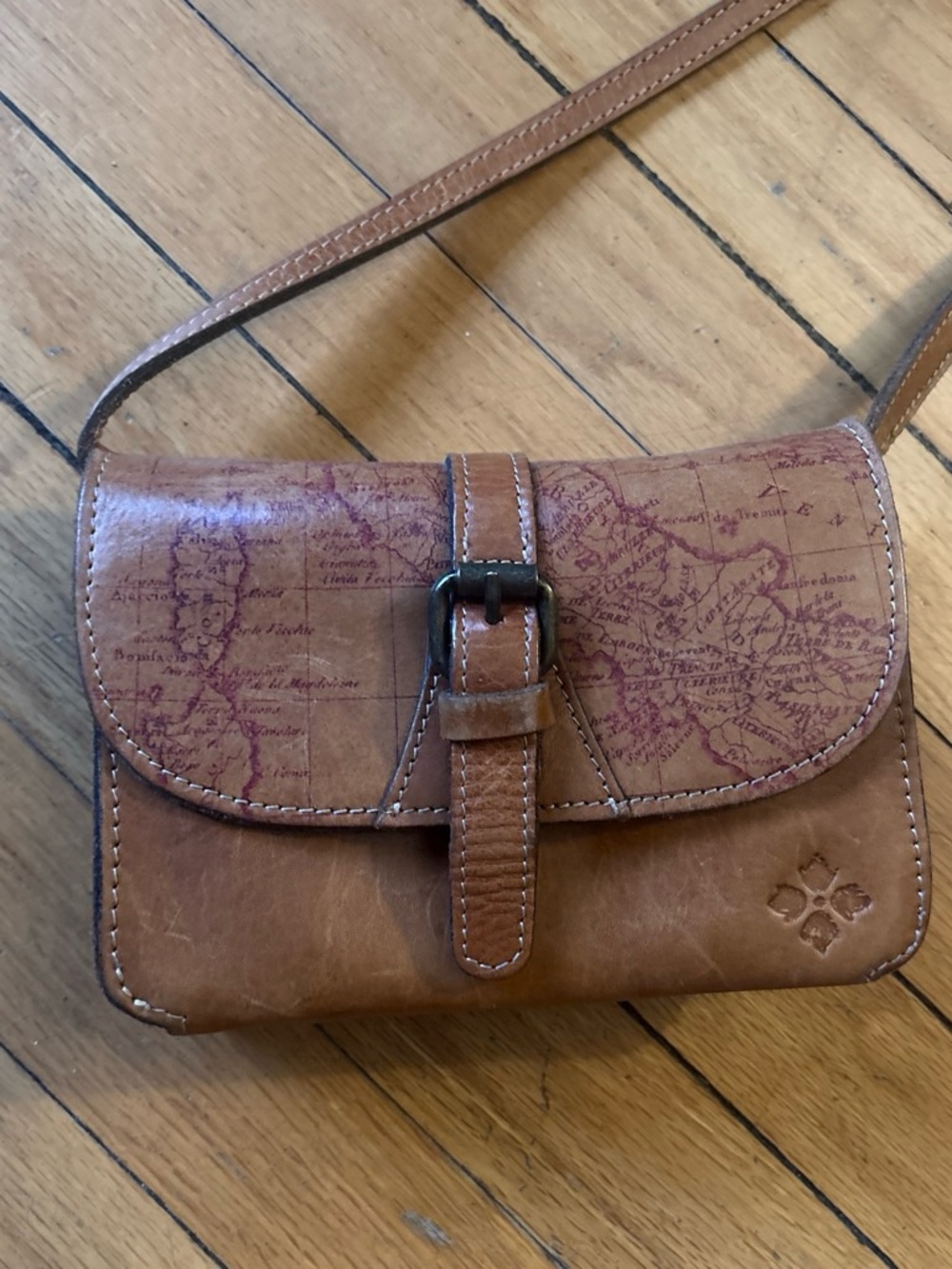 Patricia Nash Tan Leather Crossbody with Map Print